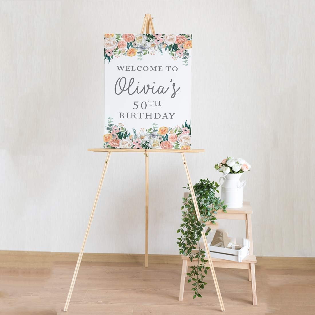 Andaz Press Personalized Extra Large Birthday Easel Board Party Sign, 12x18-inch, Peach Coral Floral Flowers Roses on White, Welcome to Olivia's 50th Birthday, 1-Pack, Custom Name Age