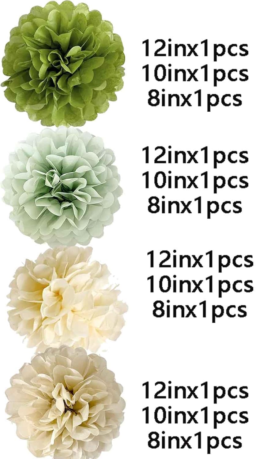 We Moment Olive Sage Green Cream Ivory Tan Tissue Paper Pom Poms Party Decorations for Neutral Baby Shower Boho Wedding Birthday Wild Safari Greenery Party Décor 12pcs 4 Colors
