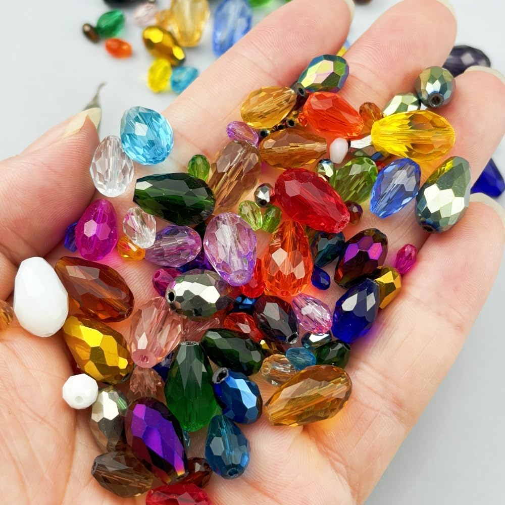 100pcs 8x12mm Teardrop Crystal Glass Beads for Jewelry Making, Faceted Vertical Hole Teardrop Glass Spacer Beads for Wind Chimes Bracelet Earring Necklace DIY Craft(Rainbow)