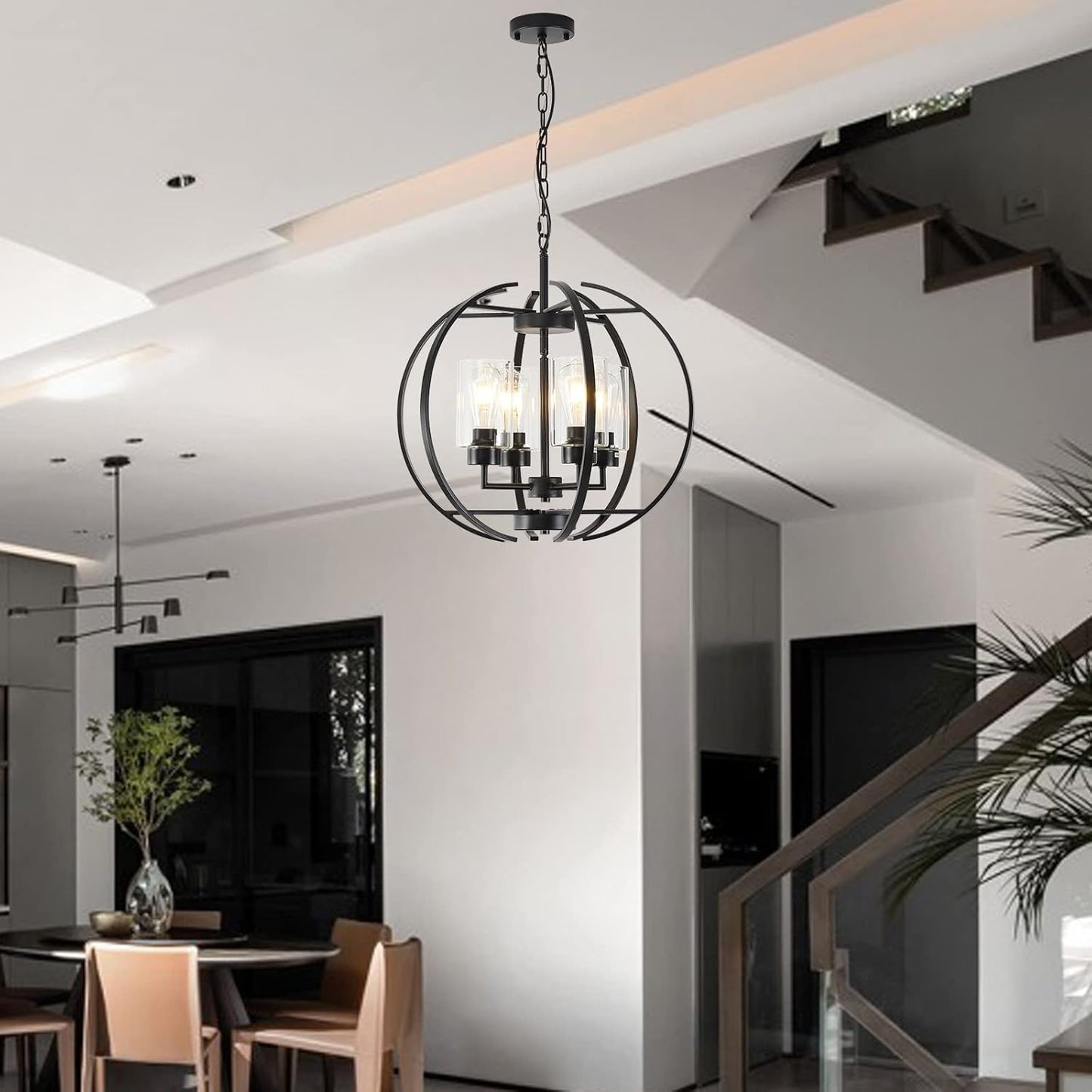 Black Chandelier Lighting with Clear Glass for Dining Room, Farmhouse Hanging Lighting, 4 Lights Globe Ceiling Light Fixture