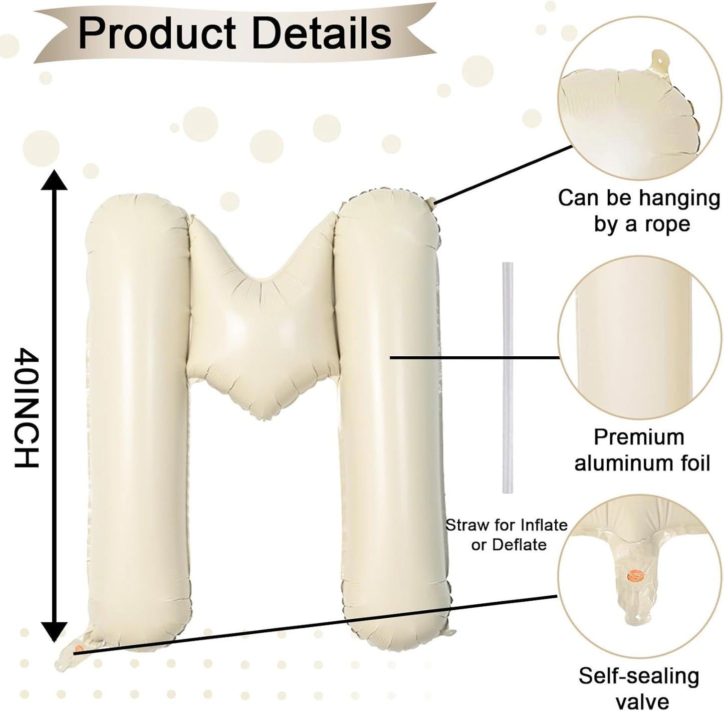 40 Inch Letter Balloons M, Big Custom A-Z Alphabet Foil Name Balloon Cream White, Self Inflating Beige Customize Helium Balloon Letters M for Women Girls Birthday Bride Baby Shower Party Decorations