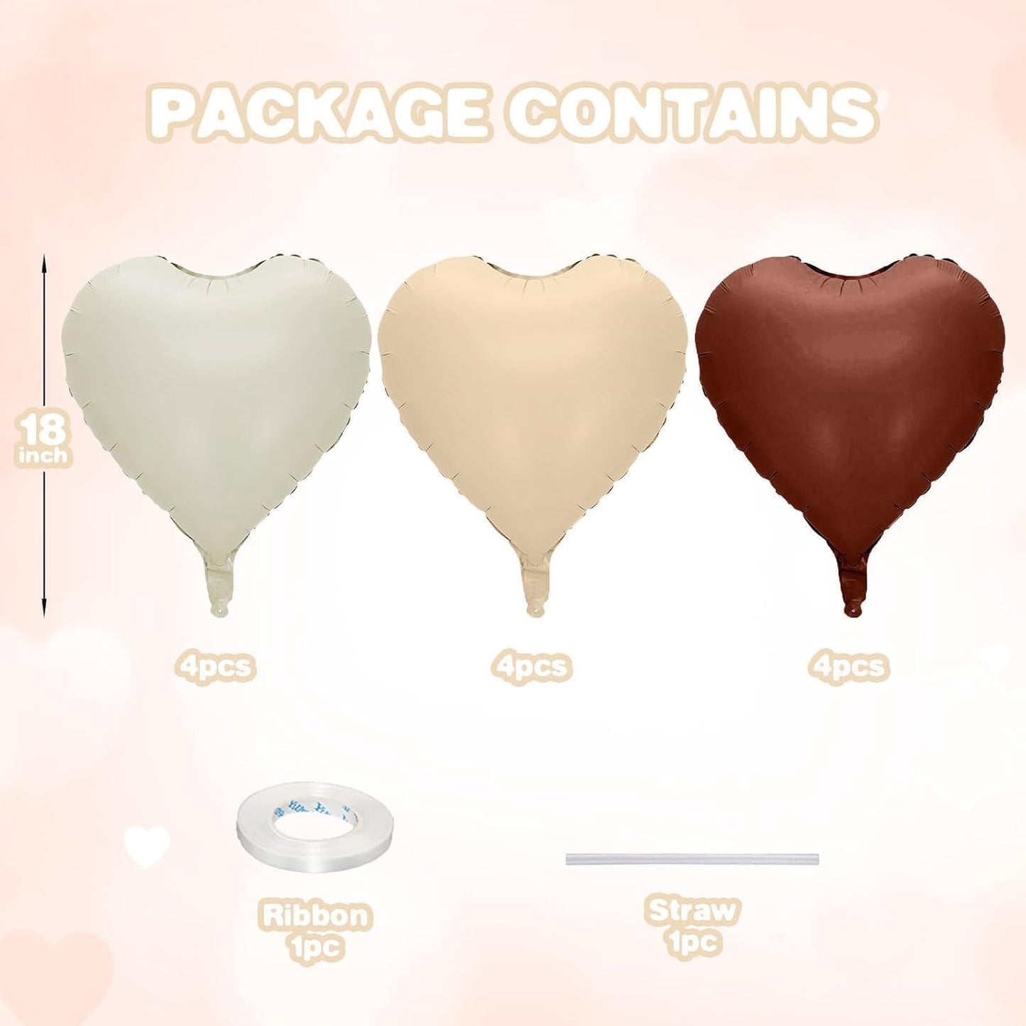 12 Pcs Heart Balloons, 18 inch Cream Brown Heart Shaped Balloons, Big Heart Helium Balloon, Neutral Foil Balloon for Wedding Baby Shower Anniversary Backdrop Valentine Party Decoration