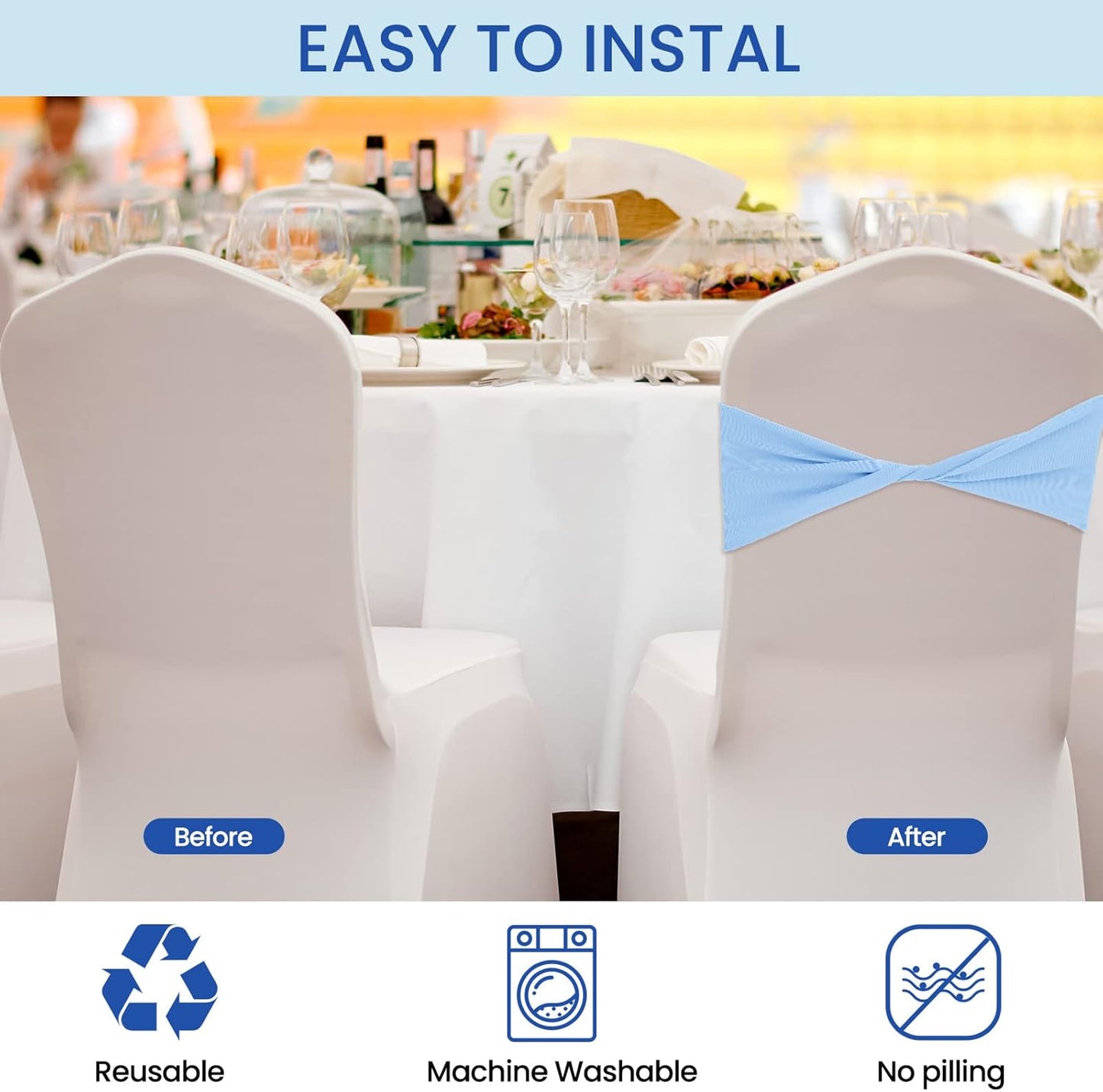 Kinlop 50 Pcs Spandex Chair Sashes Bows Chair BandB0C3V282KGs Slider Sashes for Covers Elastic Bands Ties Without Buckle Decorations for Wedding Party Events Ceremony Birthday(Sky Blue)