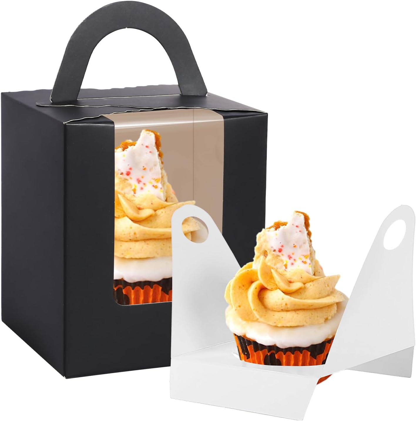 JCD Black Cupcake Boxes Individual 120 Packs Cupcake Holders Disposable Single Cupcake Boxes with Window and Insert Muffins Cupcake Carriers Holder Cookie, Dessert, Donuts, Cupcakes (Black/120Pcs)