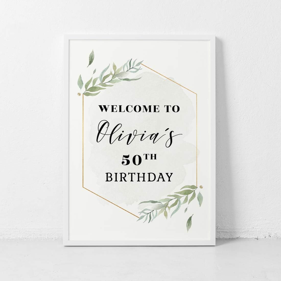 Andaz Press Personalized Extra Large Birthday Easel Board Party Sign, 12x18-inch, Modern Black, Gold with Green Leaves Florals, Welcome to Olivia's 50th Birthday, 1-Pack, Custom Name Age