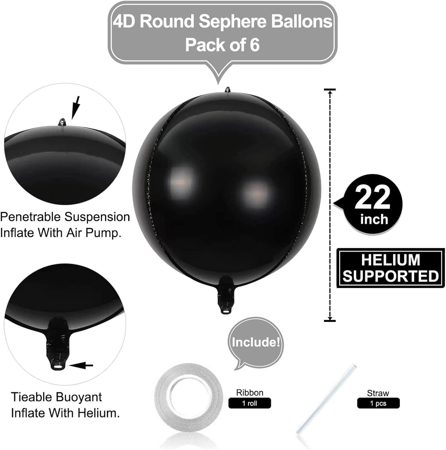 6 Pack Black 22 Inch 4D Foil Balloons Big 360 Degree Round Sephere Mylar Balloons Mirror Finish Metallic Balloons for Wedding,Birthday,Bachelorette,Baby Shower Decorations Party Supplies