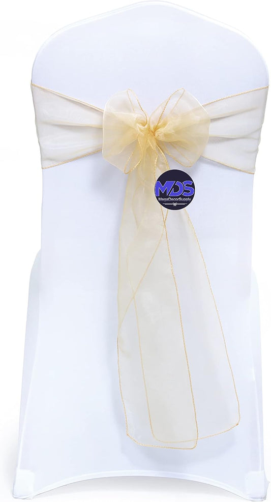 MDS Pack of 100 PCS Organza Chair Sashes Wider Dining Chair Bows Ribbon Tie Back for Wedding Party Birthday Bridal Shower Reception Event Banquet Home Chair Cover Decoration - Beige