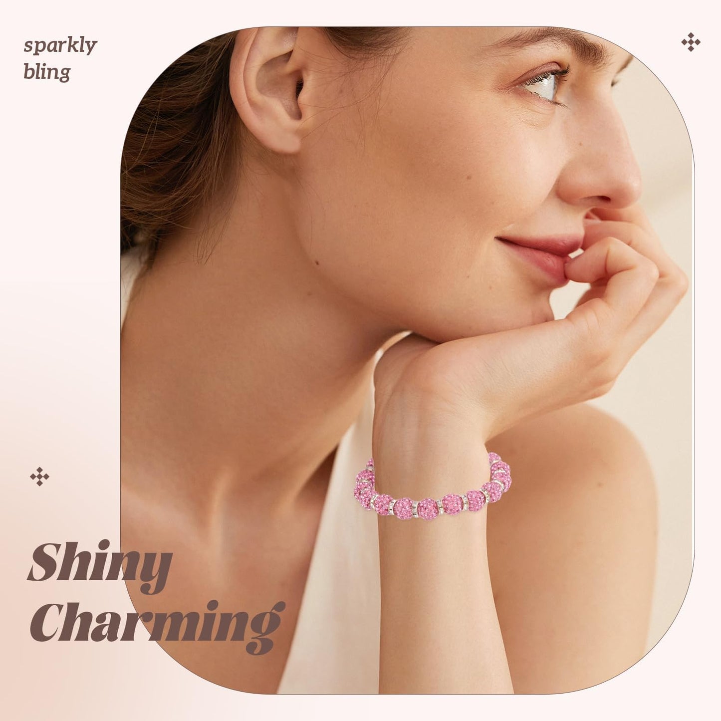 200pcs 10mm Rhinestone Beads for Jewelry Making, Pink Shiny Round Disco Ball Beads Bulk, Sparkle Crystal Clay Christmas for Bracelet Baseball Necklace Earring Crafting and DIY