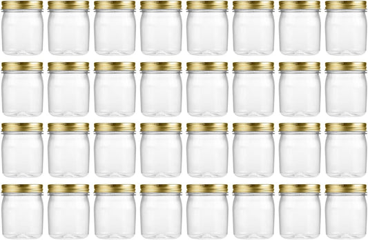 novelinks 8 oz Clear Plastic Jars with Screw-On Lids - BPA-Free Refillable Storage Containers for Slime, Spices, Crafts, Kitchen & Home Organization (32 Pack,Gold)