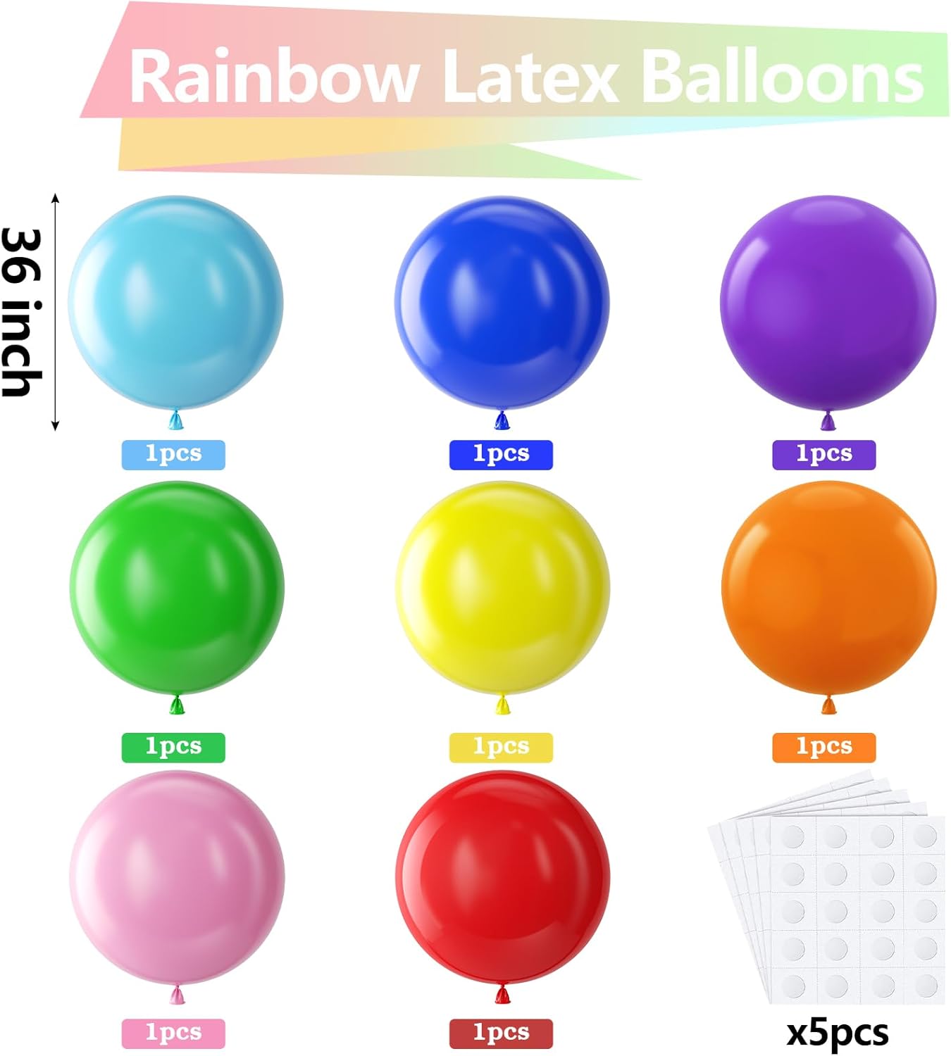 Bezente Assorted Rainbow Giant Balloons 36 Inch - 8 Pack Jumbo Multicolor Large Round Latex Balloon for Birthday Bridal Shower Wedding Party Decorations