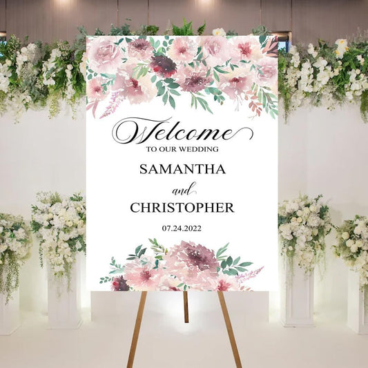 Welcome To Our Wedding Sign, Wedding Welcome Sign, Wedding Ceremony Welcome Sign, Floral Wedding Ceremony Welcome Sign, Pink Burgundy Gentle Bloom Flower, Customized Wedding Welcome Sign