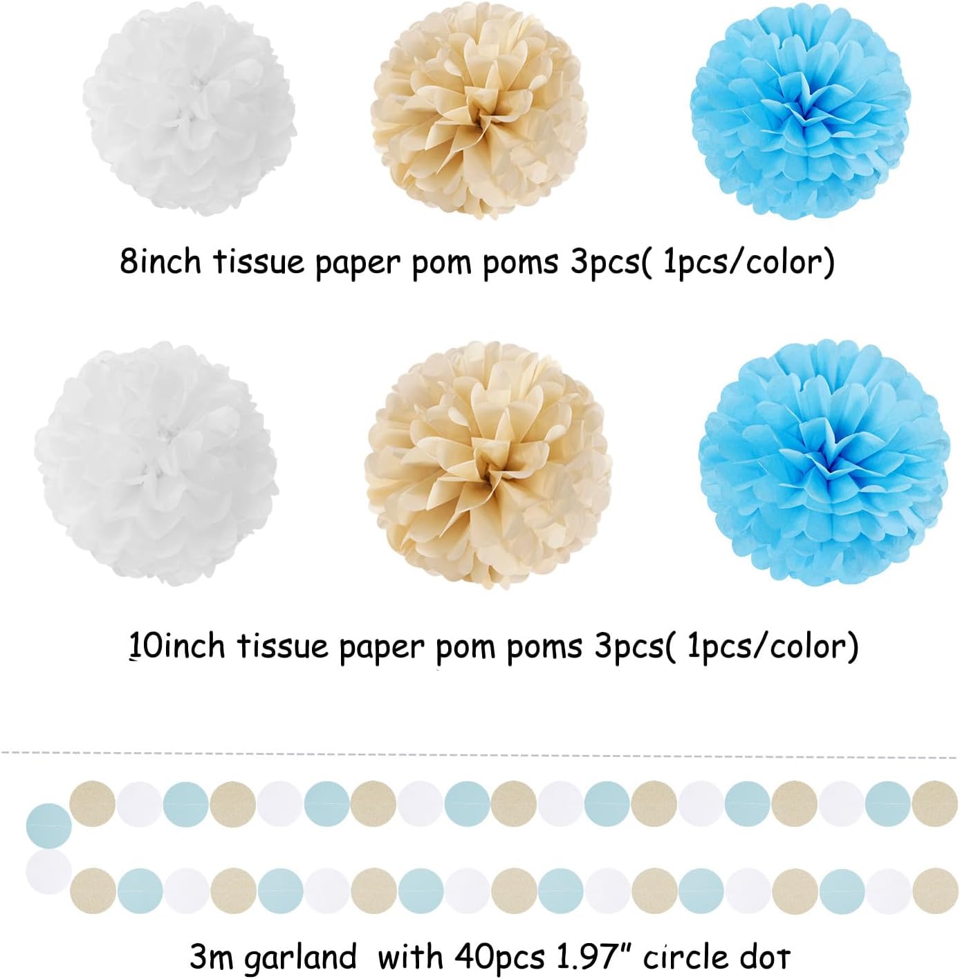 Light-Blue White Boho Champagne-Gold Party-Decorations - 23pcs Boy Birthday Baby Shower Paper Tissue Pom Poms Streamers,Tassel Garland Banner,Bachelorette Bridal Wedding Dusty Decor Lasting Surprise
