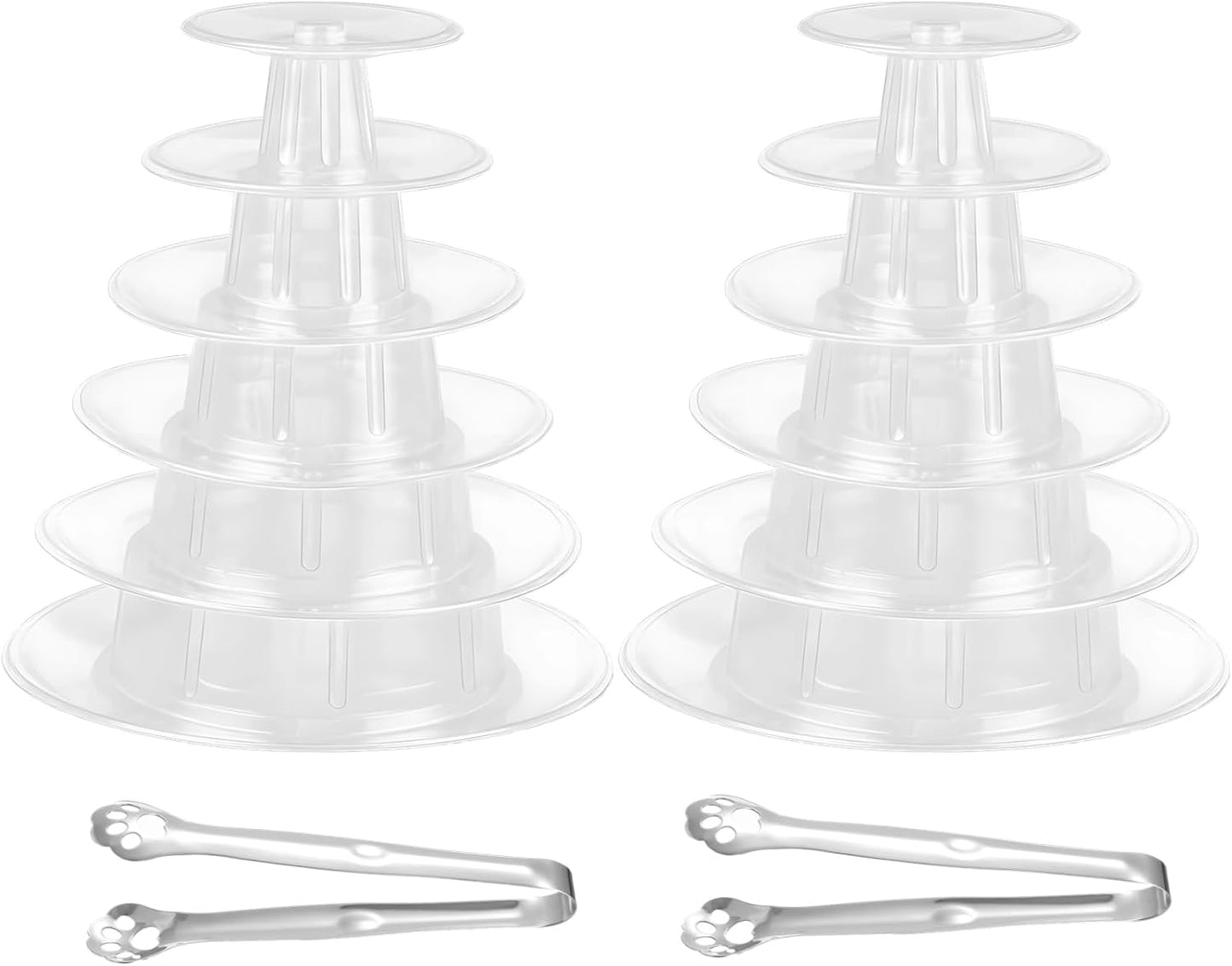OMISTAR 2 PCS 6-Tier Clear Macaron Display Stands, Plastic Macaron Tray Tower with Stainless Steel Serving Tongs, Transparent Cupcake Dessert Stand for Weddings, Birthday Parties, Bakeries