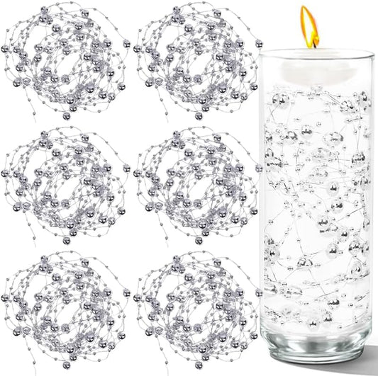 100 PCS Artificial Floating Beads for Centerpieces Vases, Silver 8+3mm String Beads for Wedding Party Faux Pearl String for Decorating, String Pearls for Crafts Vase Filler