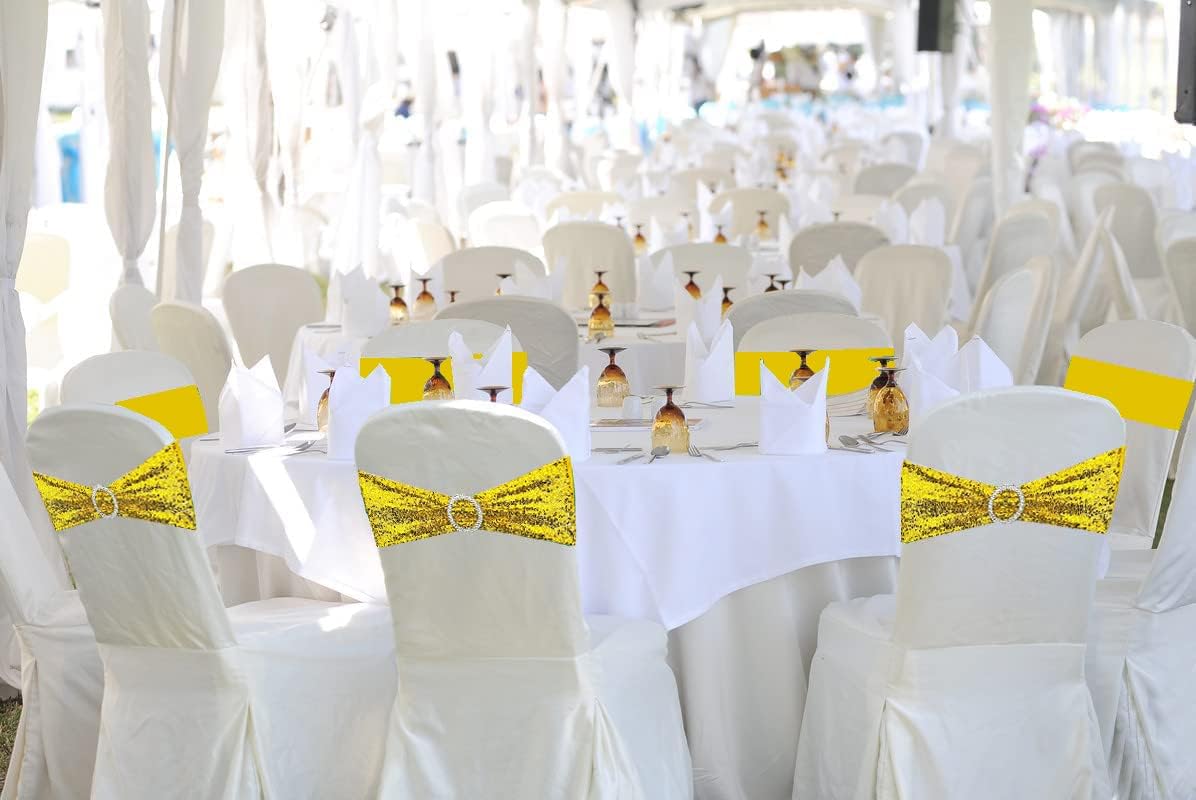 25 Pcs Sequin Chair Sashes Stretch Chair Bands Spandex Polyester Bows for Party Hotel Wedding Banquets Decoration -Gold