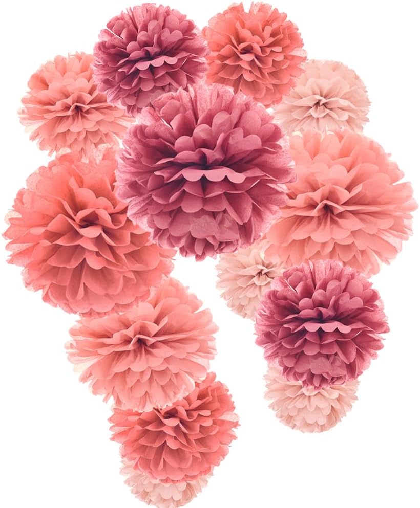 Dusty Rose Blush Pink Mauve Tissue Paper Pom Poms Flower for Baby Shower Valentine's Day Birthday Wedding Bachelorette Party Decoration, 12pc