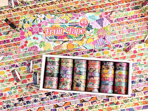 48 Rolls Fruit Theme Washi Tape Set, Writable Decorative Tapes for Scrapbooking, Bible Journaling, Bullet Journaling, 0.39"x79" per Roll