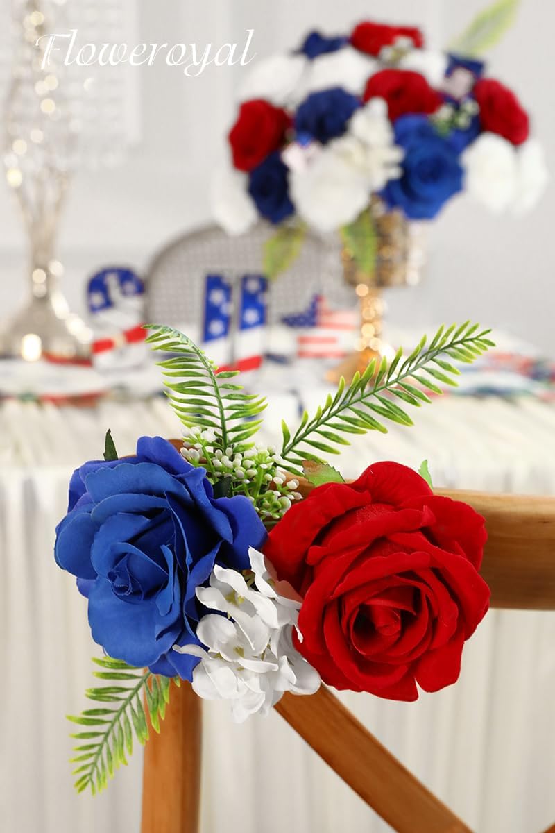 Floweroyal 4th of July Flowers Patriotic Flowers Fake Roses with American Flags for Independence Day, Memorial Day, Floral Arrangement, Table Centerpieces, Home Decorations (Red, Blue, White)