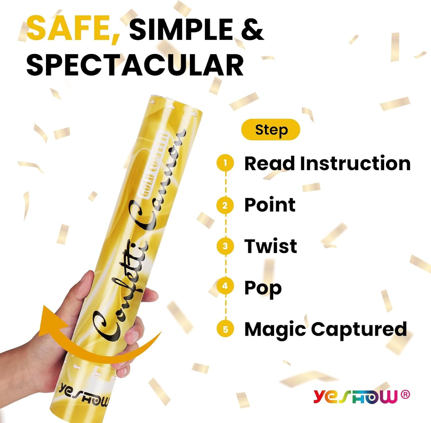 Confetti Cannon Party Poppers Gold,(6 pack) YESHOW Confetti Shooters Blaster for Birthday Graduation Wedding Christmas New Year’s Eve and Any Celebrations