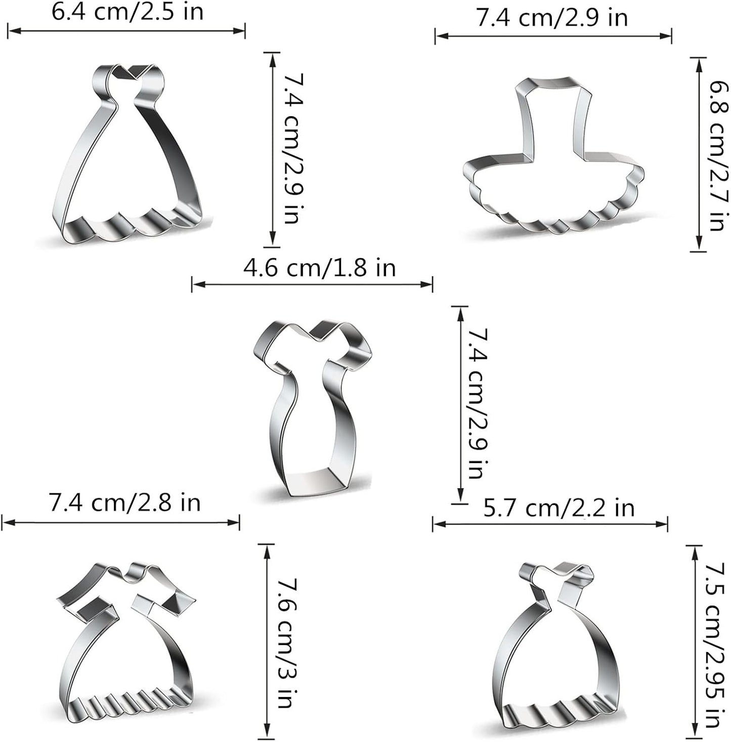 Dress Shaped Cookie Cutters Set of 5 pcs, Stainless Steel Wedding Princess Dress Fondant Cutter Molds Baking DIY