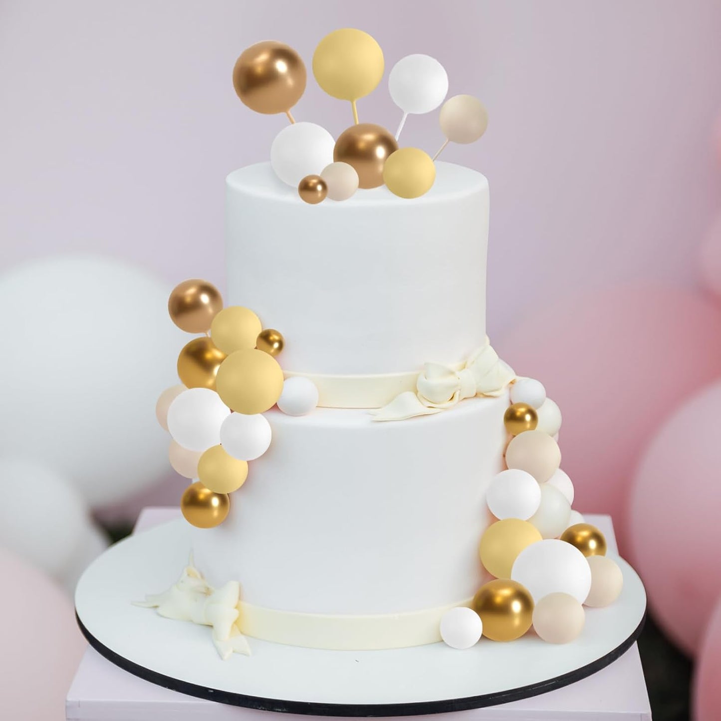 ASTARON 32 Pcs Ball Cake Topper Decorations Mini Balloons Cake Topper Sticks Foam Balls Cake Picks Cake Topper Balls Cake Decorations for Wedding Party Birthday Cake Decorations (Yellow Gold)