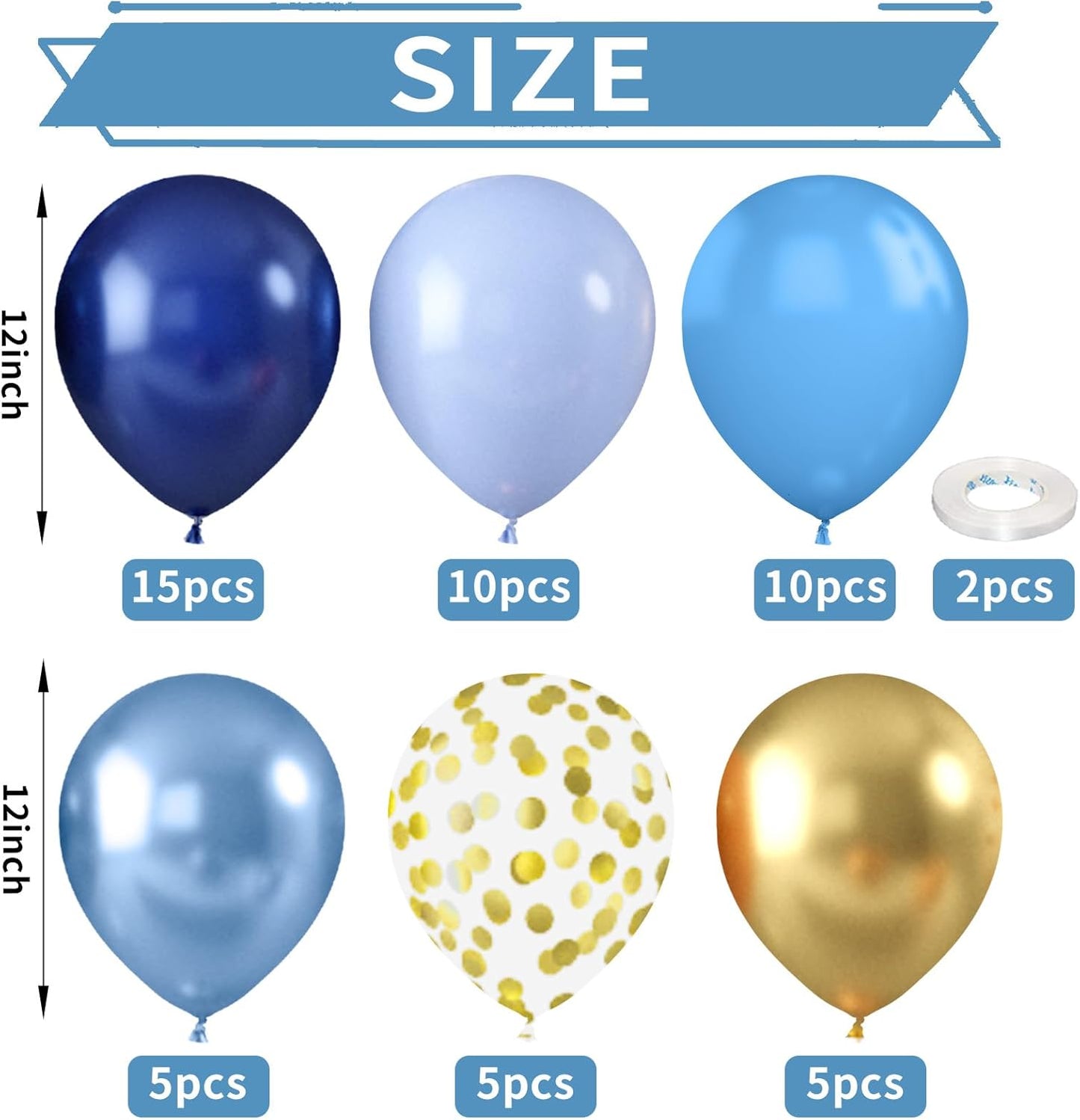 Metallic Chrome Blue Gold Balloons - 52 PCS 12 Inch Latex Balloons with Gold Confetti for Birthday Party Decorations