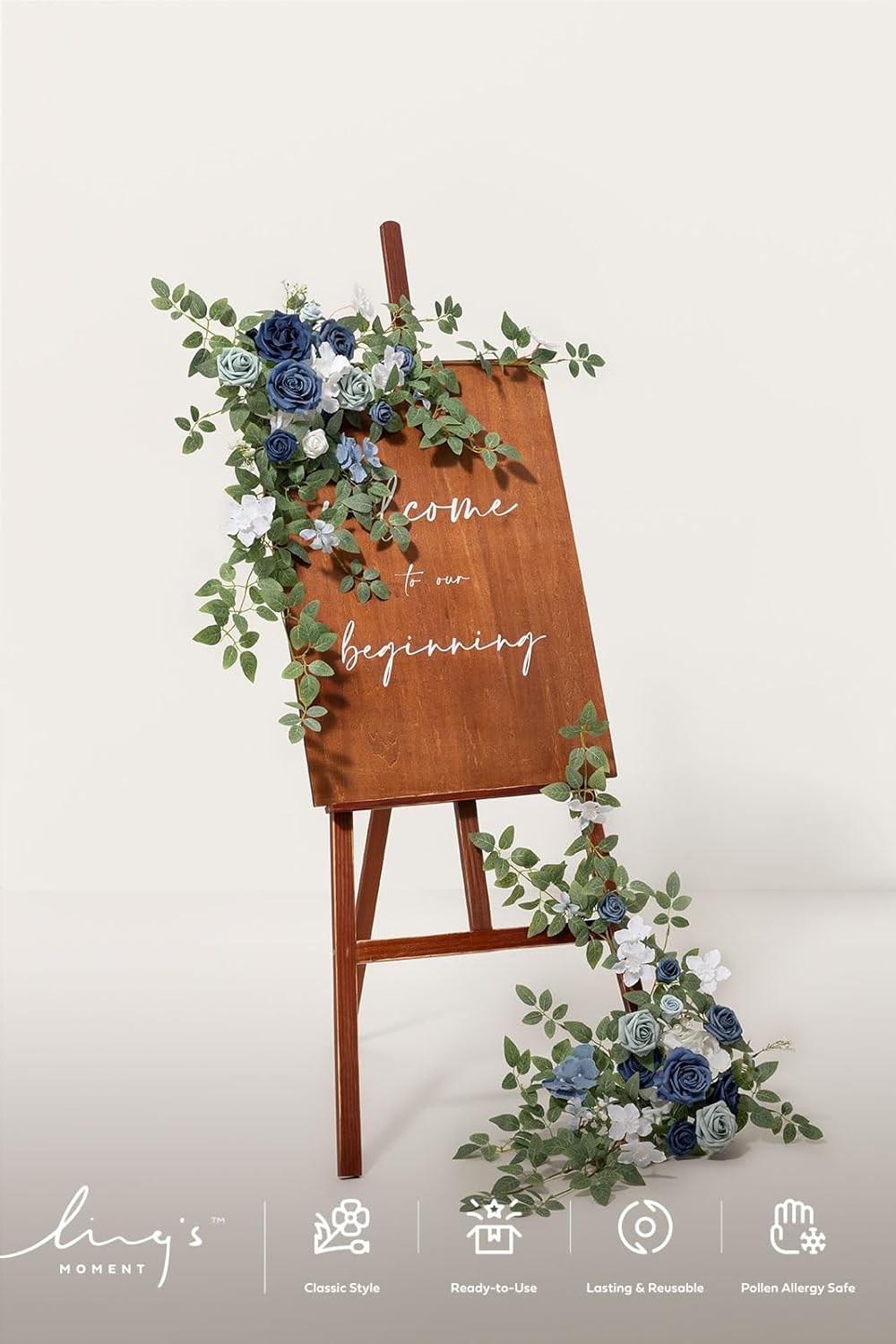 Ling's moment 2pcs Wedding Flowers Garland Artificial Floral Swag Arch Decorations Rose Greenery Arrangements Dusty Blue & Navy Ceremony Reception Garden Easel Wall Entryway Outdoor (NOT Include Sign