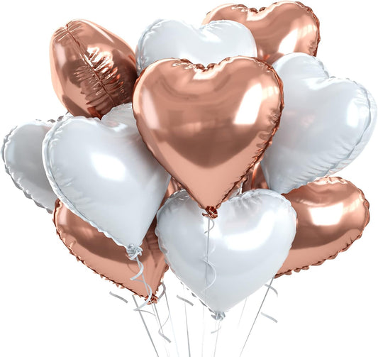 Rose Gold White Foil Heart Balloons, 10PCS Rose Gold Heart Shape Balloons, Valentines Balloons 18inch Rose Gold Foil Balloon for Helium Valentine Decorations for Wedding, Baby Shower, Anniversary