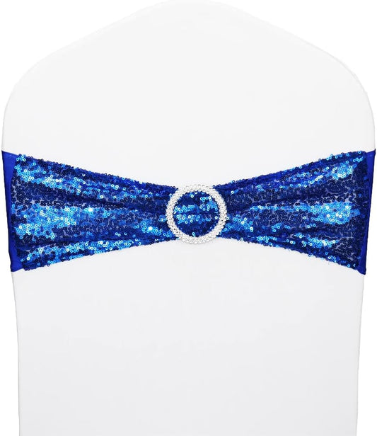 10 Pcs Chair Sashes Sequin Stretch Chair Bands Spandex Polyester Bows for Party Hotel Wedding Banquets Decoration - Royal Blue
