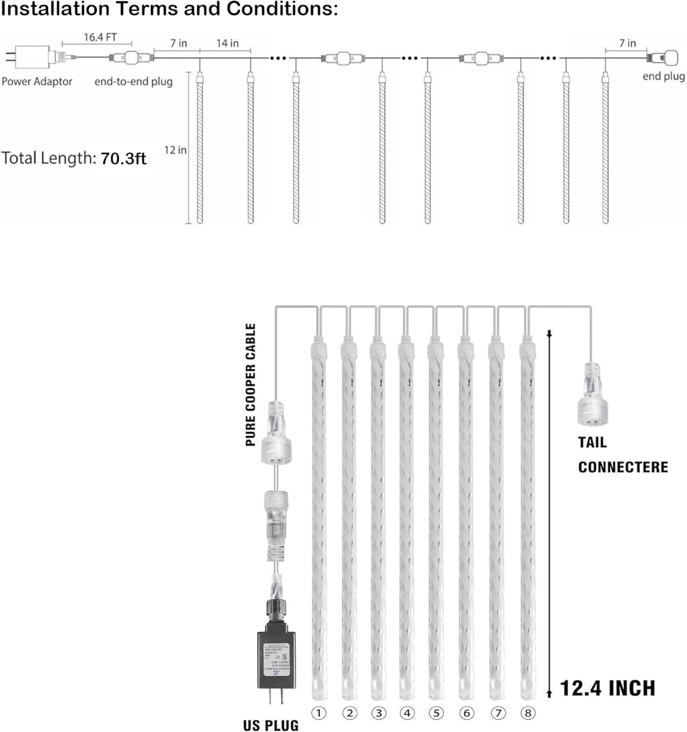 Dazzle Bright 1728 LED Christmas Light, Meteor Shower Rain Lights 11.8 Inch 48 Tubes, Waterproof Plug in Falling Rain Lights Decorations for Xmas Tree Yard Party (Blue)