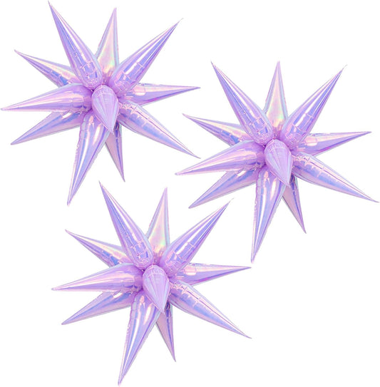 3pcs 26inch 3D iridescent macaron purple Explosion Star foil balloon, colorful macaron purple Foil Cone Star burst Balloons for Birthday Wedding New Year Party Event
