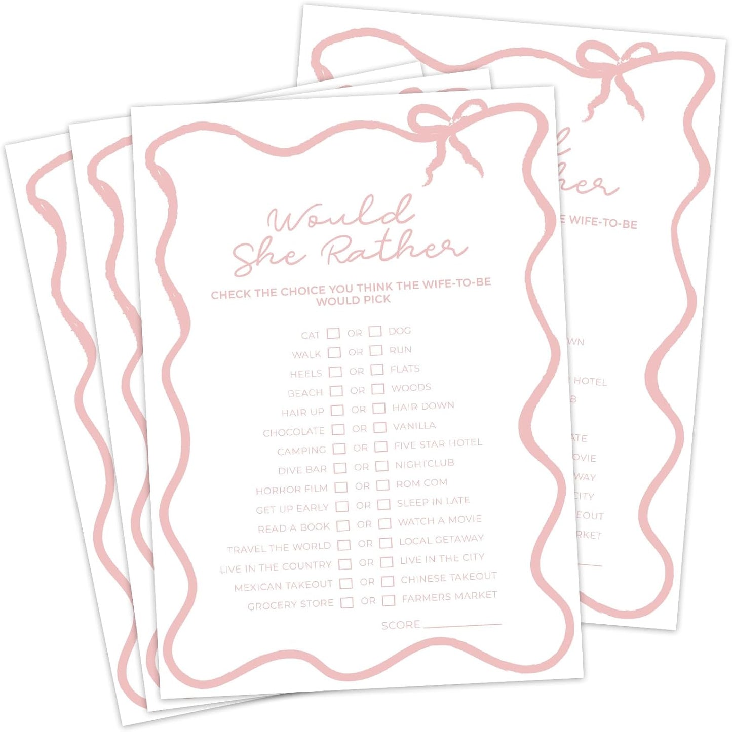 DEEKA 30 PCS Bridal Shower Games Card for 30 Guests White Pink Wavy Border Ribbon Bow Funny Wedding Bachelorette Party Games for Reception (Would She Rather)