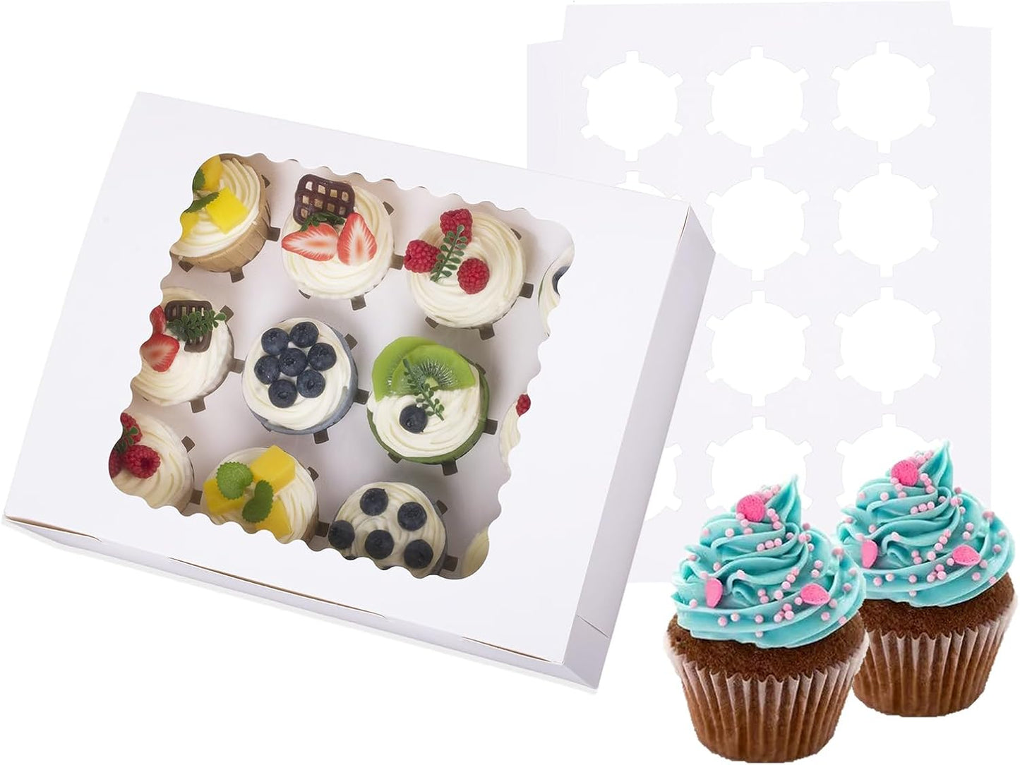 15-Set Cupcake Boxes Hold 12 Standard Cupcakes, Food Grade Cupcake Holders Bakery Carrier Boxes with Windows and Inserts for Cupcakes, Muffins and Pastries (White-15 Pack)