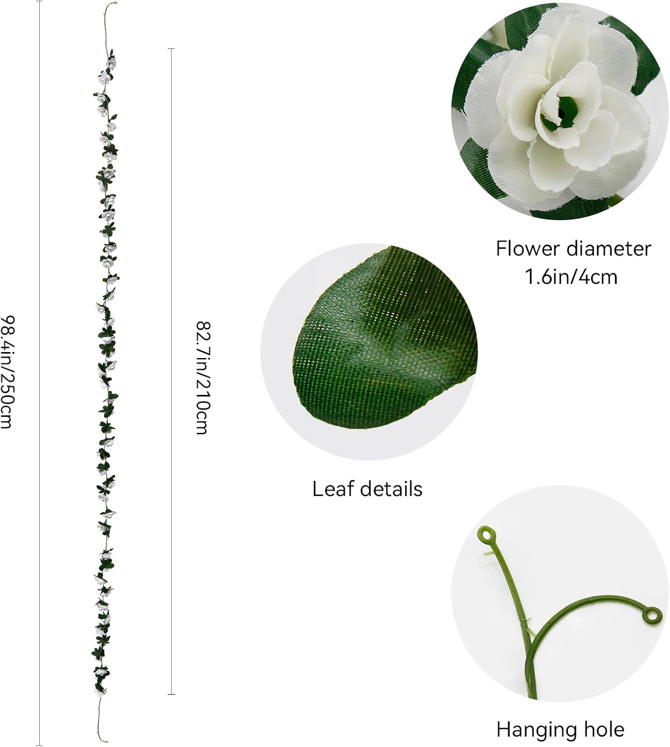 12 PCS 98.4 FT Artificial Flower Garland White Rose Garland for Wedding Room Decor（12,White）