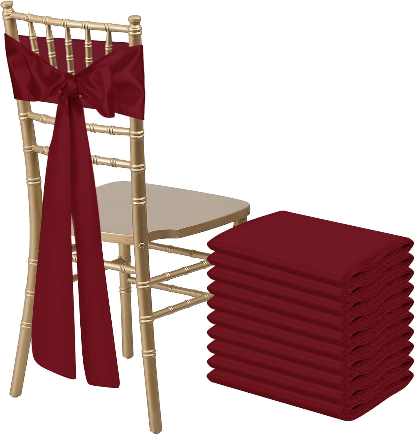 10 PCS Burgundy Satin Chair Sashes Bows Universal Chair Ribbon Ties Back Sash for Wedding Party Reception Events Banquets Hotel Event Chair Cover Decoration (7x108 inch)