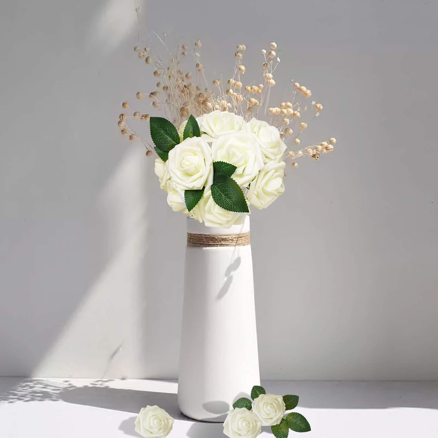 AmyHomie Artificial Flower Ivory Rose 25pcs Real Looking Fake Roses w/Stem for DIY Wedding Bouquets Centerpieces Arrangements Party Baby Shower Home Decorations