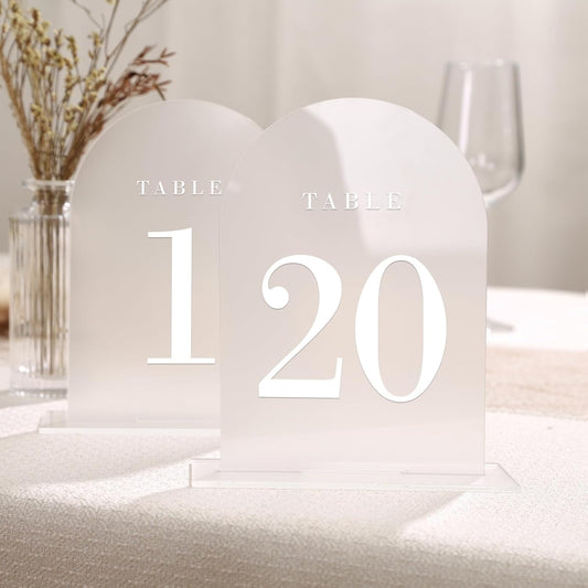 UNIQOOO Frosted Arch Wedding Table Numbers with Stands 1-20, 5x7" Acrylic Display Signs and Holders, Pack of 20, Perfect for Centerpiece, Reception, Decoration, Party, Anniversary, Event