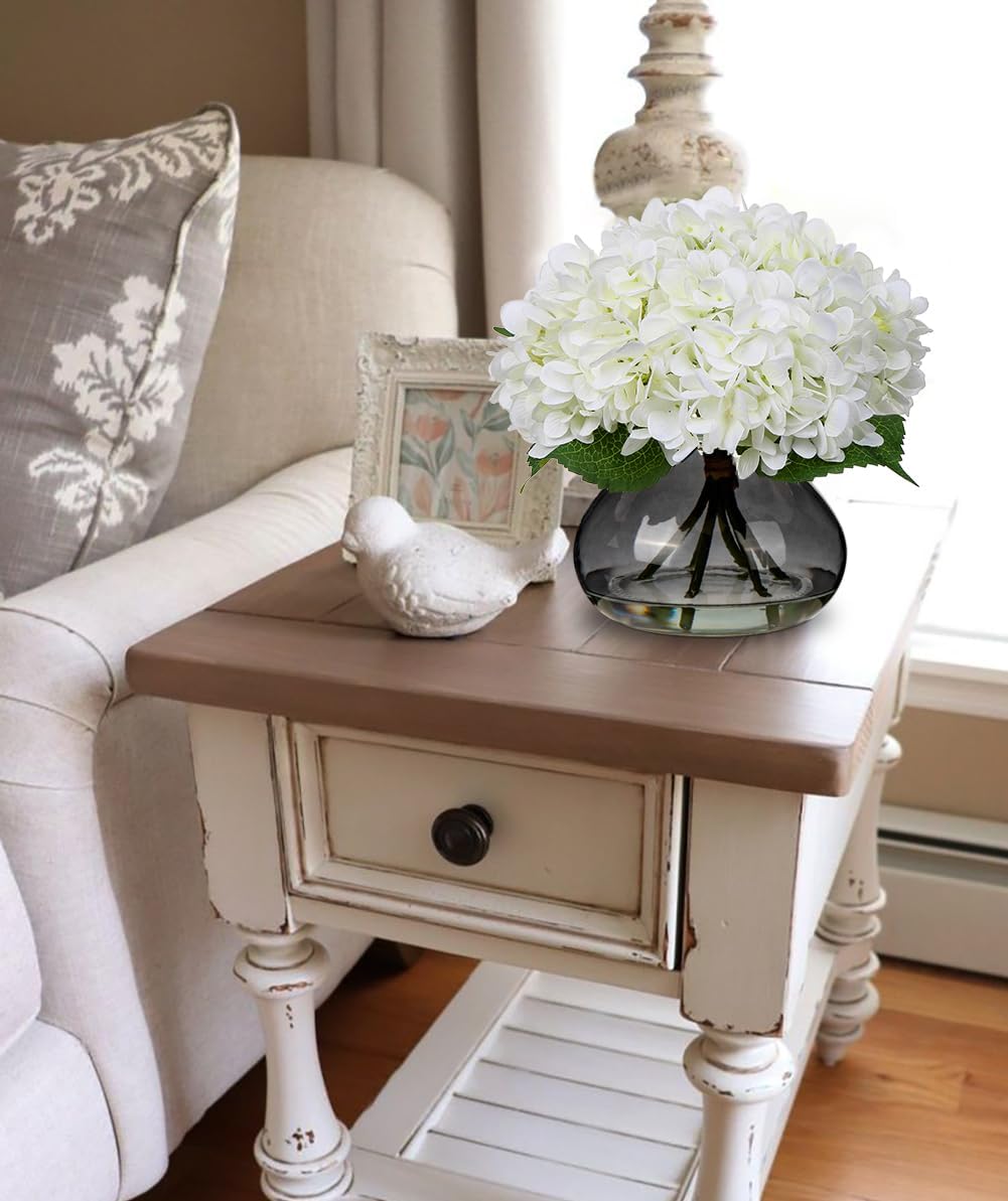 Hollyone Hydrangea Artificial Flowers with Glass Vase White Silk Faux Flowers Arrangements with Faux Water Fake Floral Bulk Bouquet for Home Decor Table Centerpiece Decorations