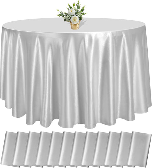 12 Pack 108 Inch Silver Satin Tablecloth - Premium Bright Silky Round Tablecloth Overlay Smooth Fabric Table Cover, Table Decoration for Wedding Party Banquet Events Restaurant Kitchen Dining