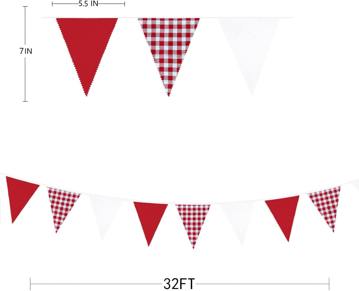 32Ft Red Party Decorations Red Plaid Checkered White Triangle Flag Gingham Pennant Bunting Fabric Garland for Christmas Wedding Birthday Carnival Picnic X-mas Outdoor Home Party Festivals Decoration