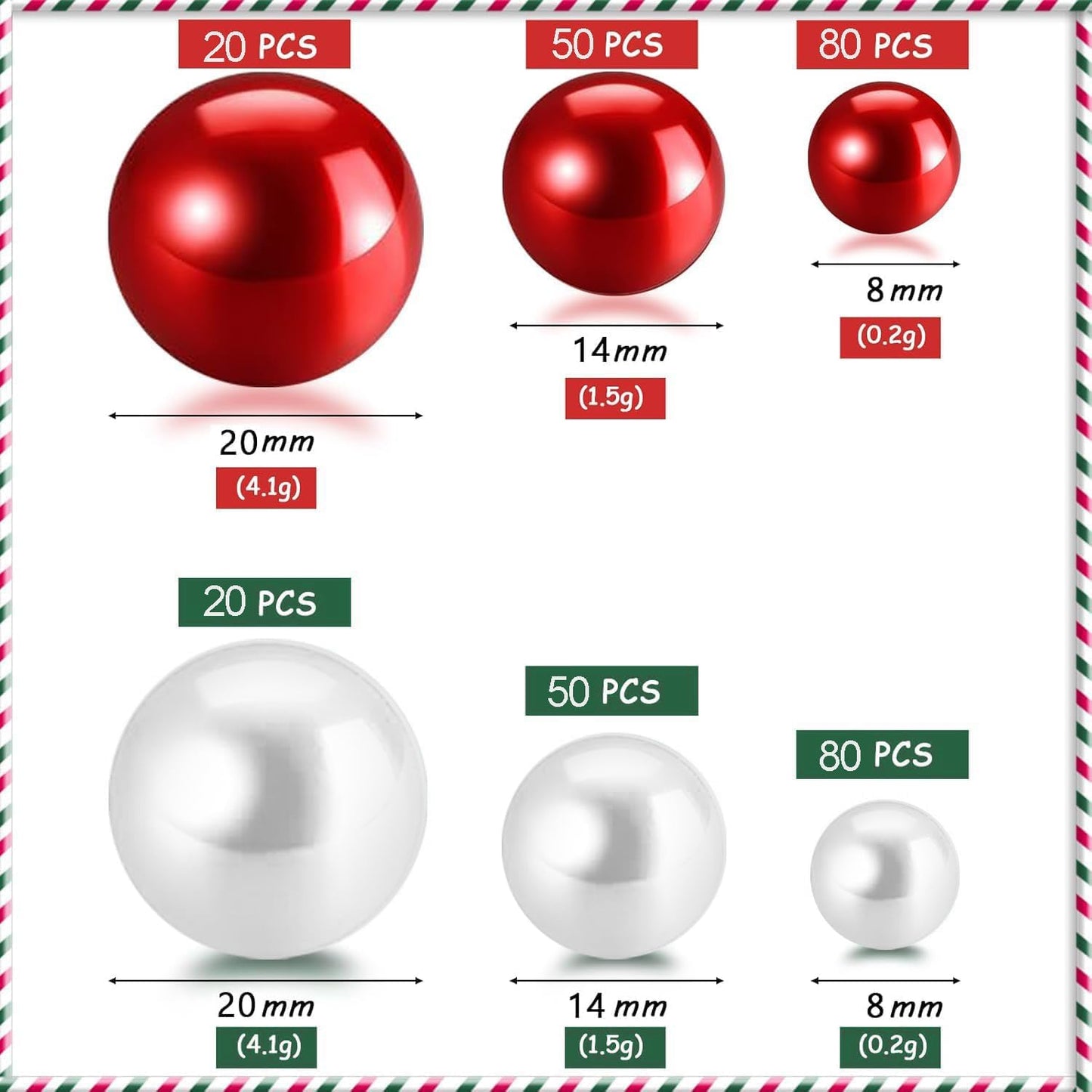 300Pcs Red&White Polished No Hole Pearl Beads Vase Filler, Christmas Vase Filling Decorations, Plastic Pearls, Table Scatters, Wedding Home Decor, 8/14/20 mm