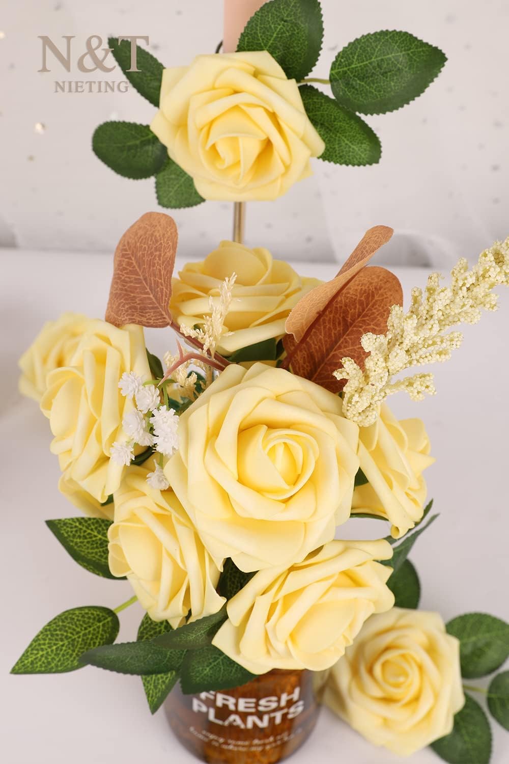 N&T NIETING Artificial Flowers, 25Pcs Fake Flowers Goose Yellow Roses Perfect for DIY Wedding Bouquets Centerpieces Bridal Shower Party Home Flower Arrangement Decorations