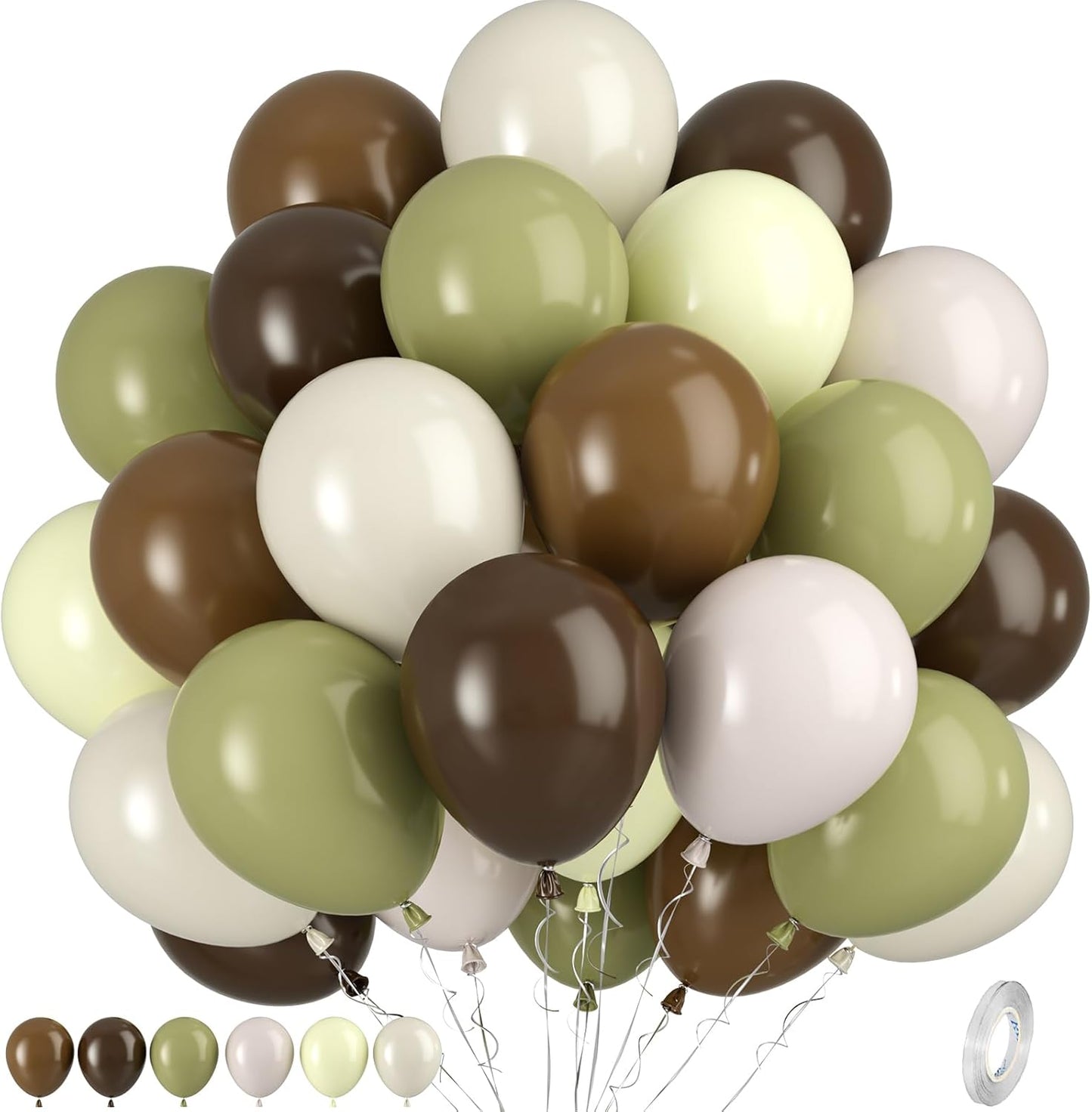 Sage Green and Brown Balloons, 50pcs Green Brown White Balloons, Coffee Beige Ivory Sand White Yellow Balloon for Birthday Baby Shower Forest Safari Jungle Theme Party Wedding Decoration Supplies