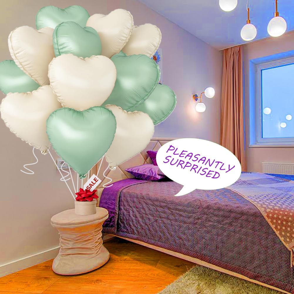 Baby White Heart Balloons，18 Inch Light Green Helium Foil Love Heart Shaped Balloons for Anniversary Wedding Engagement Birthday Party Baby Shower Valentines Decorations(12Pcs)