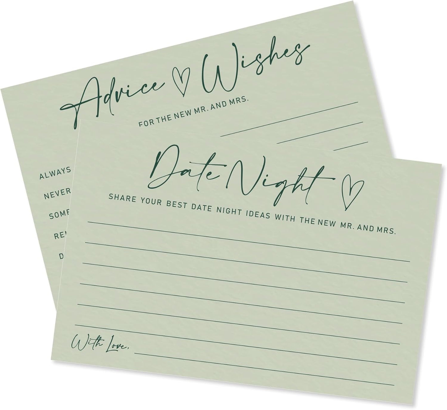 Advice & Wishes Card Set - Minimalism Moss Green - 15 Advice & Wishes Cards & 15 Date Night Cards Cards For New Couple, Newlyweds, Engagement, Wedding Party Favor & Supplies - B05