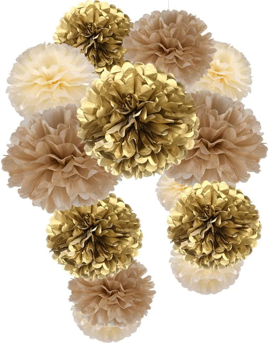 Gold Champagne Gold and Ivory White Paper Flower Tissue Pom Poms for Baby Shower Bridal Engagement Bachelor Birthday Graduation Retirement Theme Party, 12pc