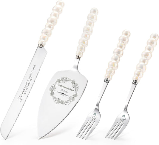 Wedding Cake Knife and Server Set,Ceramic Pearl Handle Cake Cutting Set for Weddings, Engagements, Anniversaries, and Engagement Gifts for Couples