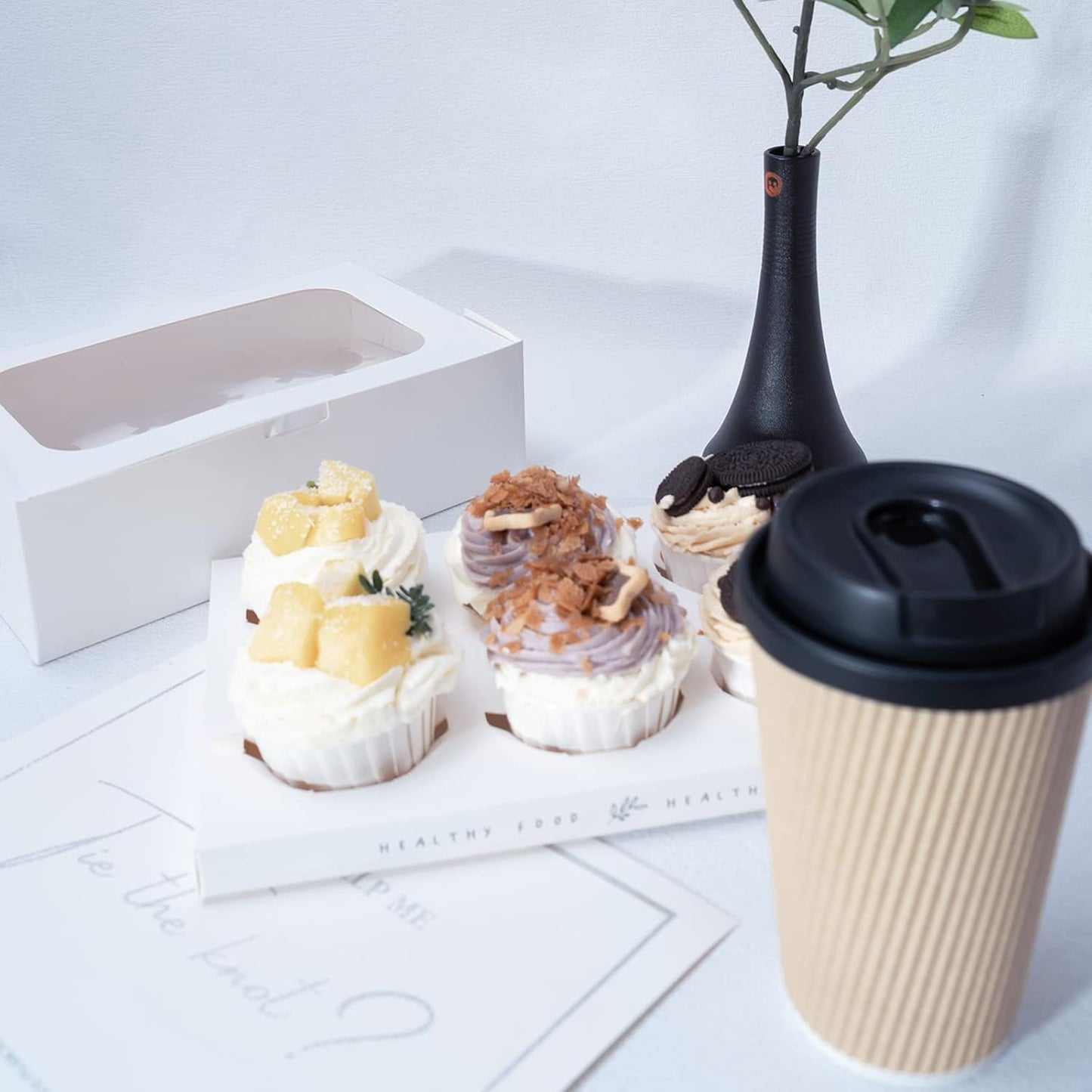 Yeplan 50 Packs Cupcake Boxes,9.4x6.1x3.14 Inches 6 Count Cupcake Box,White Cupcake Containers with Clear Window and Six Treat Holder,Pastry and Cookie Boxes,Bakery Boxes