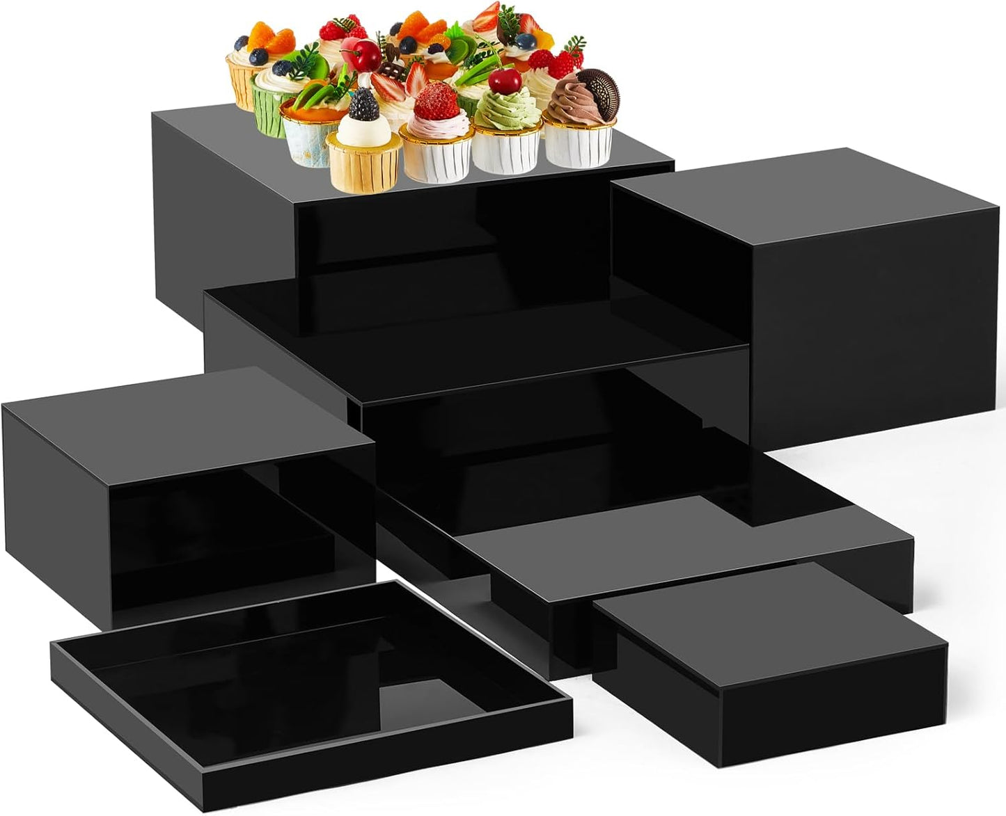Leinuosen 7 Pcs Large Buffet Risers Set 6" to 12" Acrylic Display Box Catering Dessert Table Riser Food Display Decorative Stand with Hollow Bottom for Catering Supplies(Black, Square)