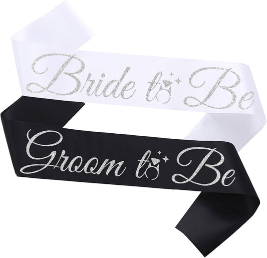 Bride Sash Bachelorette Party Bride and Groom to Be Sash for Bridal Shower Wedding Hen Party Decorations Engagement Gifts,White Silver